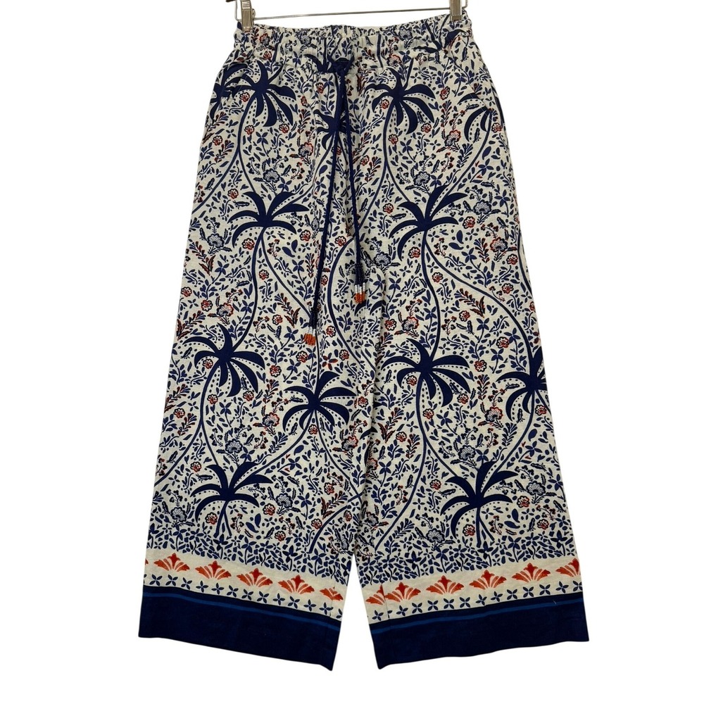 Joie Small Linen Blend Palm Print Wide Leg Tassel Pants Blue Cream Orange